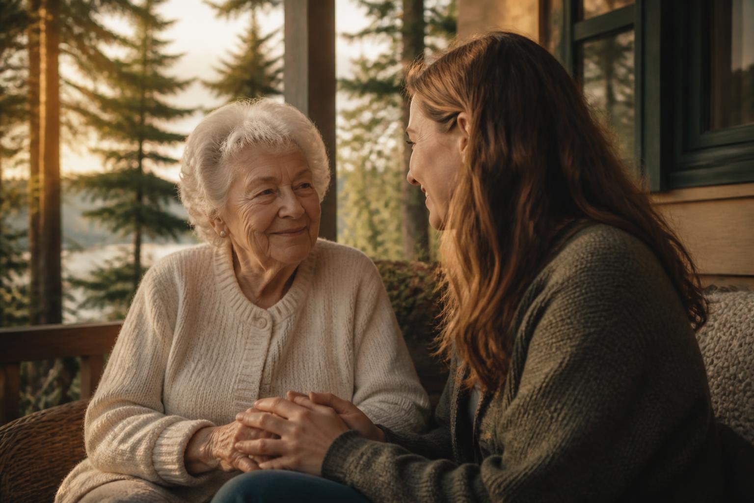 A caregiver gently holding hands with an elderly woman on a Pacific Northwest porch